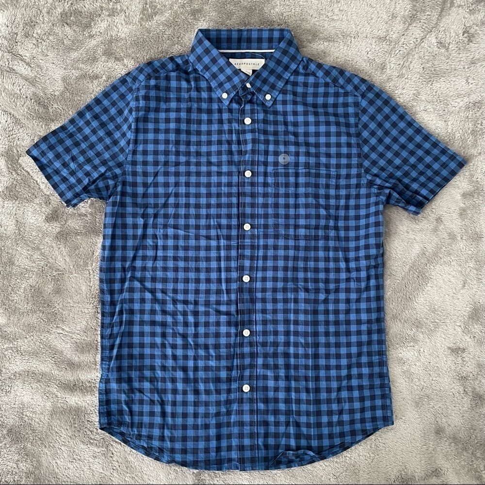 Aeropostale Blue Checkered Short Sleeve Button Up Casual Shirt Size S